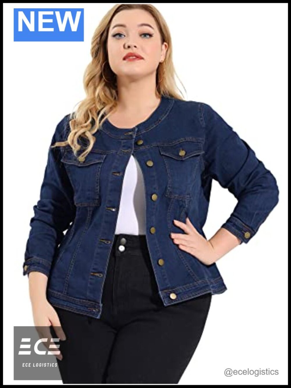 Plus Size Collarless Button Down Denim Jacket Long Sleeve